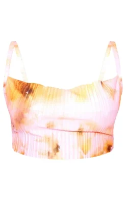 Petite Baby Pink Floral Print Plisse Strappy Cowl Neck Top