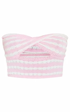 Petite Baby Pink Knit Twist Front Stripe Crop Top