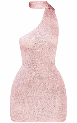 Petite Baby Pink Knitted Sequin Wrap Around Mini Dress