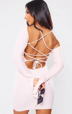 Petite Baby Pink Lace-up Open Back Knitted Mini Dress
