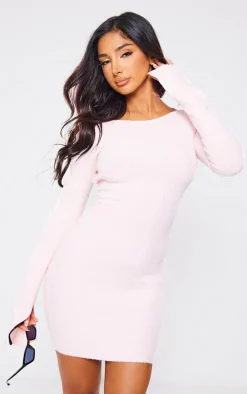 Petite Baby Pink Lace-up Open Back Knitted Mini Dress