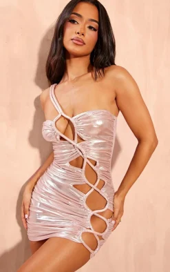 Petite Baby Pink Metallic Bodycon Cut Out Micro Mini Dress