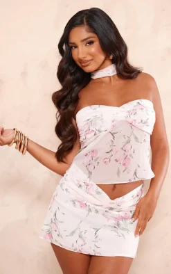 Petite Baby Pink Printed Mesh Floaty Mini Skirt