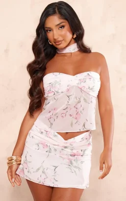 Petite Baby Pink Printed Mesh Bandeau Top