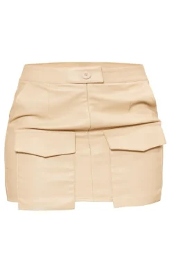 Petite Beige Faux Leather Pocket Detail Mini Skirt
