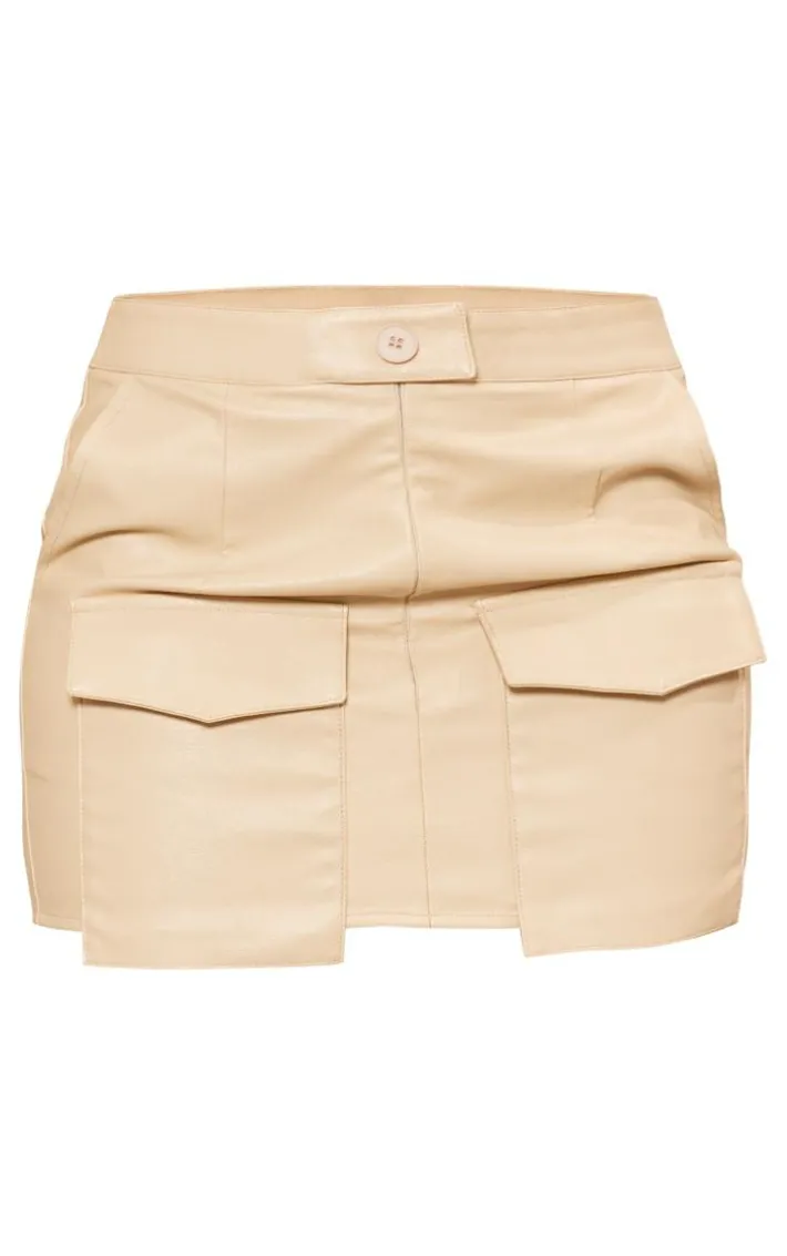 Petite Beige Faux Leather Pocket Detail Mini Skirt