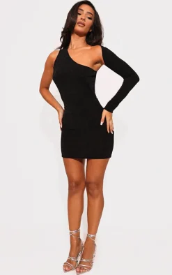 Petite Black Acetate Slinky One Shoulder Cut Out Bodycon Dress