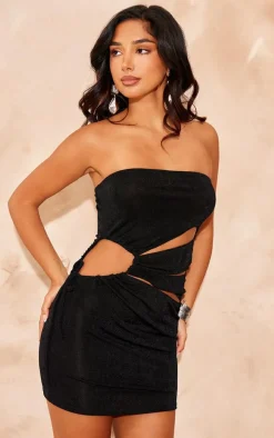 Petite Black Acetate Slinky Bandeau Cut Out Mini Dress