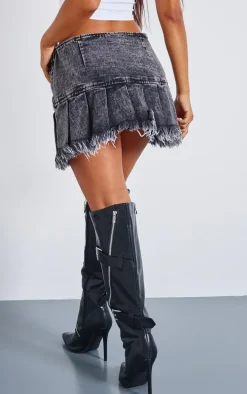 Petite Black Acid Wash Denim Pleated Mini Skirt