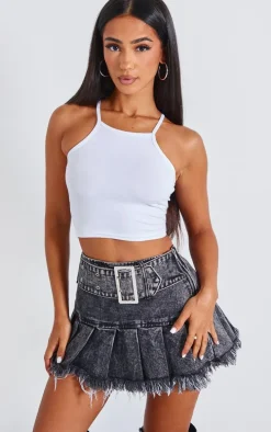 Petite Black Acid Wash Denim Pleated Mini Skirt