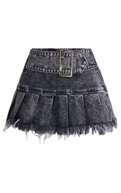 Petite Black Acid Wash Denim Pleated Mini Skirt