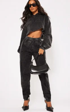 Petite Black Acid Wash Seam Detail Cuffed Sweatpants