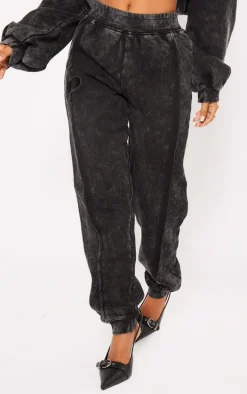 Petite Black Acid Wash Seam Detail Cuffed Sweatpants