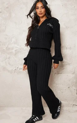 Petite Black Athletic Sport Embroidered Knit Flared Pants