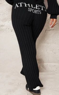 Petite Black Athletic Sport Embroidered Knit Flared Pants