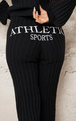 Petite Black Athletic Sport Embroidered Knit Flared Pants