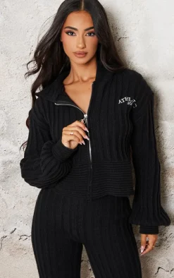Petite Black Athletic Sport Embroidered Knit Zip Up Cropped Cardigan