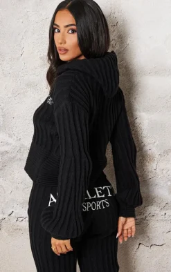 Petite Black Athletic Sport Embroidered Knit Zip Up Cropped Cardigan