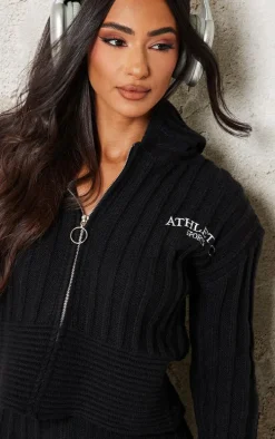 Petite Black Athletic Sport Embroidered Knit Zip Up Cropped Cardigan