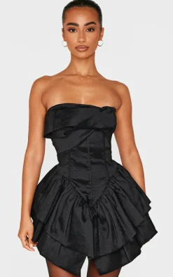 Petite Black Bandeau Corset Detail Ruffle Hem Mini Dress