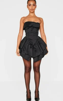 Petite Black Bandeau Corset Detail Ruffle Hem Mini Dress