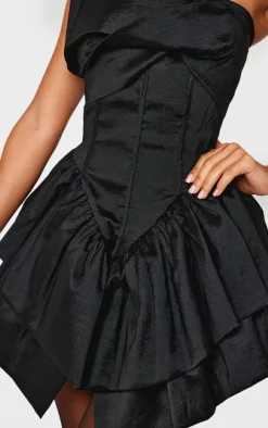 Petite Black Bandeau Corset Detail Ruffle Hem Mini Dress