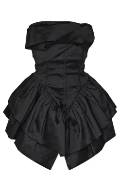Petite Black Bandeau Corset Detail Ruffle Hem Mini Dress