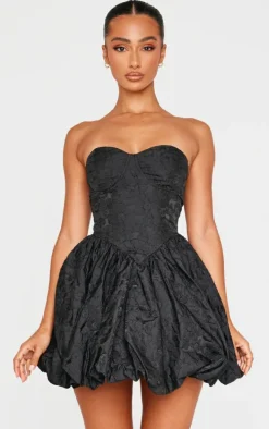 Petite Black Bandeau Jacquard Puffball Mini Dress