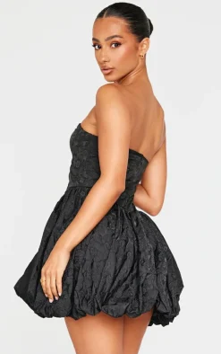 Petite Black Bandeau Jacquard Puffball Mini Dress