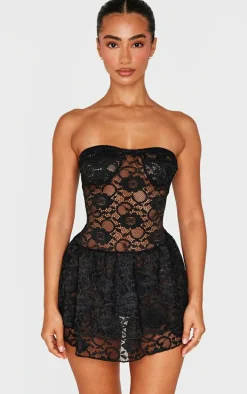 Petite Black Bandeau Lace Ruffle Mini Dress
