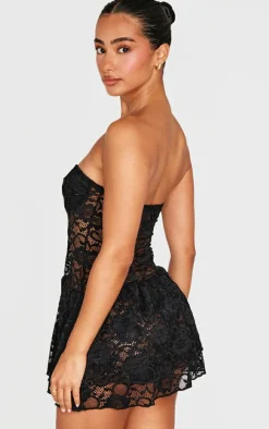Petite Black Bandeau Lace Ruffle Mini Dress