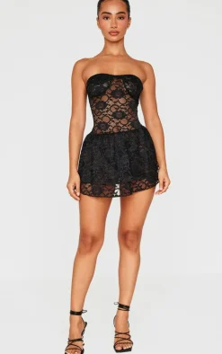 Petite Black Bandeau Lace Ruffle Mini Dress