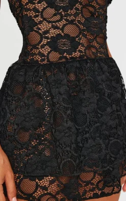 Petite Black Bandeau Lace Ruffle Mini Dress