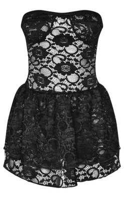 Petite Black Bandeau Lace Ruffle Mini Dress