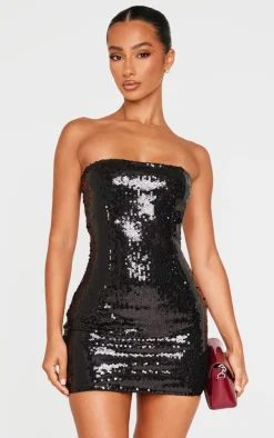 Petite Black Bandeau Open Back Sequin Mini Dress