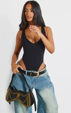 Petite Black Basic Cotton Blend Plunge Sleeveless Bodysuit