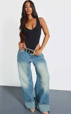 Petite Black Basic Cotton Blend Plunge Sleeveless Bodysuit