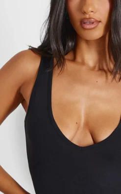 Petite Black Basic Cotton Blend Plunge Sleeveless Bodysuit
