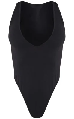 Petite Black Basic Cotton Blend Plunge Sleeveless Bodysuit