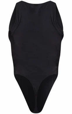 Petite Black Basic Cotton Blend Plunge Sleeveless Bodysuit