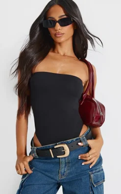 Petite Black Basic Cotton Blend Bandeau Bodysuit