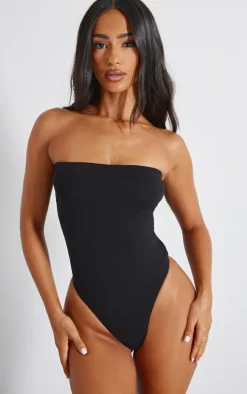 Petite Black Basic Cotton Blend Bandeau Bodysuit