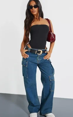 Petite Black Basic Cotton Blend Bandeau Bodysuit