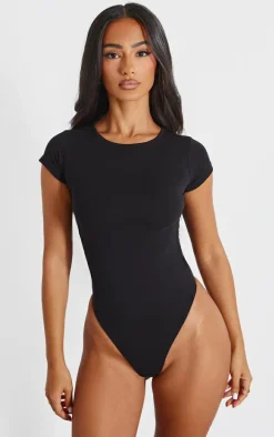 Petite Black Basic Cotton Blend Fitted Short Sleeve Bodysuit