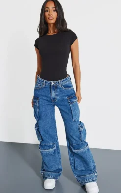 Petite Black Basic Cotton Blend Fitted Short Sleeve Bodysuit