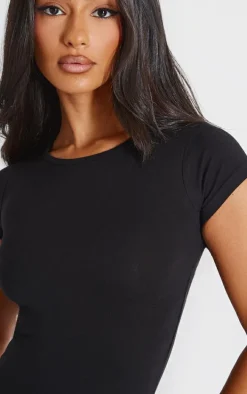 Petite Black Basic Cotton Blend Fitted Short Sleeve Bodysuit