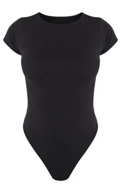Petite Black Basic Cotton Blend Fitted Short Sleeve Bodysuit