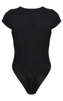 Petite Black Basic Cotton Blend Fitted Short Sleeve Bodysuit
