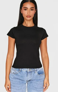Petite Black Basic Cotton Blend Fitted Crew Neck T Shirt