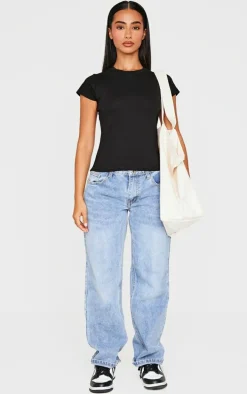 Petite Black Basic Cotton Blend Fitted Crew Neck T Shirt